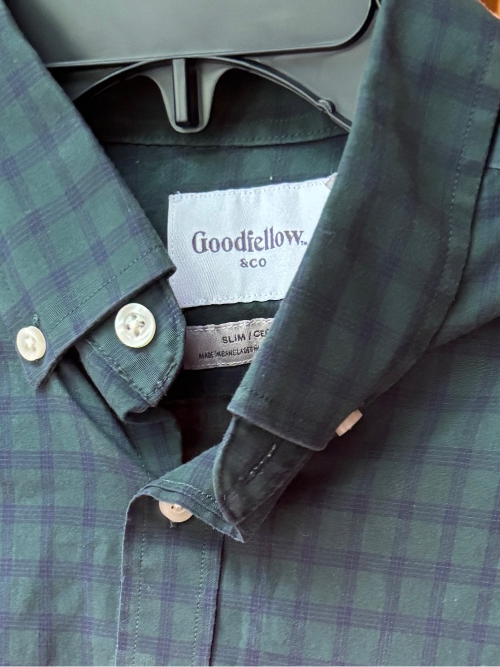 Goodfellow & Co Dark Green and Navy Plaid Button-Up Slim Fit Shirt
